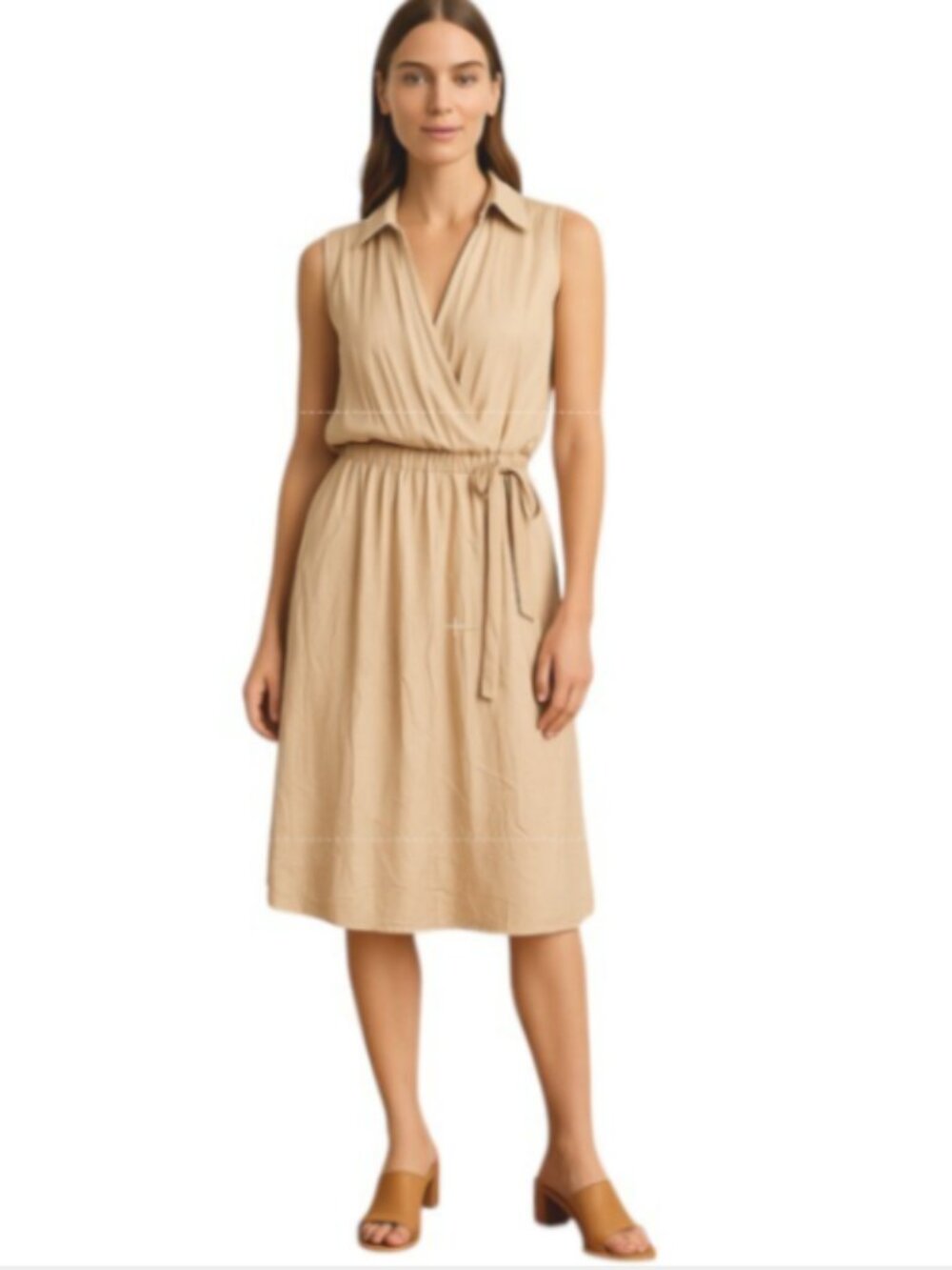 NEW  POL Small Peach / Beige Knee Length Dress Sleeveless Tie Waist Back Slit